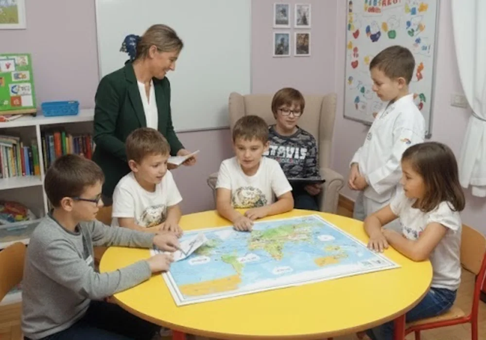 Iriana working with a group of children